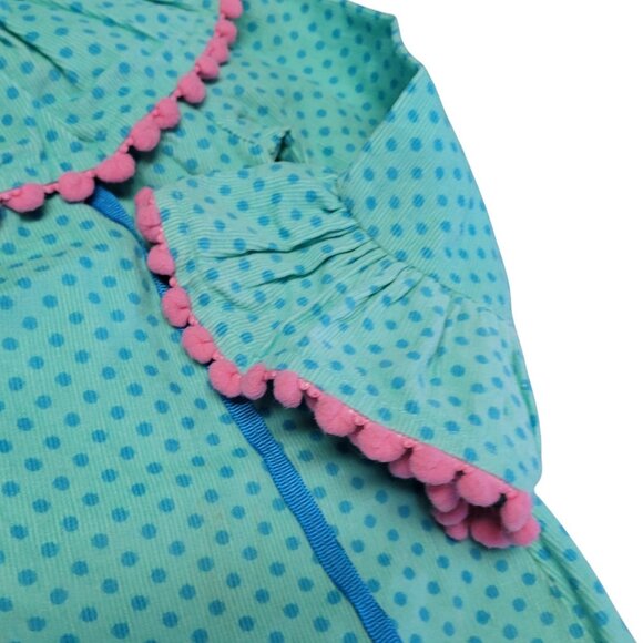 Mud Pie Baby Girl Christmas Ornament Dress 9-12M Aqua Polka Dot Pom Pom Corduroy - Picture 5 of 12